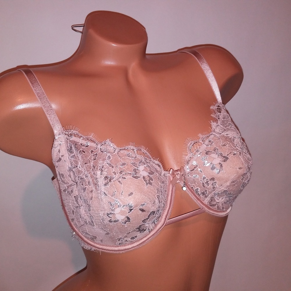 Victoria Secret Bra 36D Dream Angels Push Up Without Padding Beige Silver Lace
